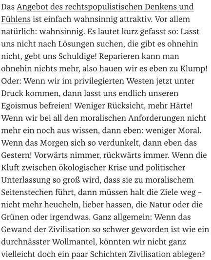 A passage discusses the appeal and faults of right-wing populism, emphasizing its divisive nature and criticism of Western attitudes.